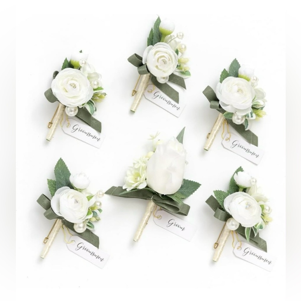 White and Green Boutonniere for Groom and 5 groomsmen - Picture 5 of 5
